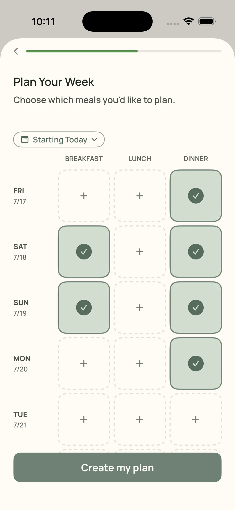 Choosing which breakfasts, lunches, and dinners to plan on a weekly grid