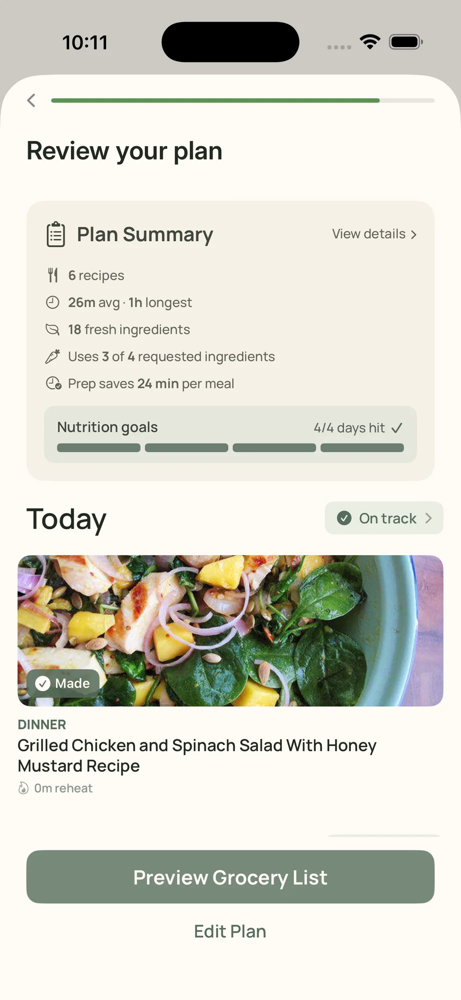 Reviewing the generated plan: cook times, requested ingredients used, prep time saved, nutrition goals hit